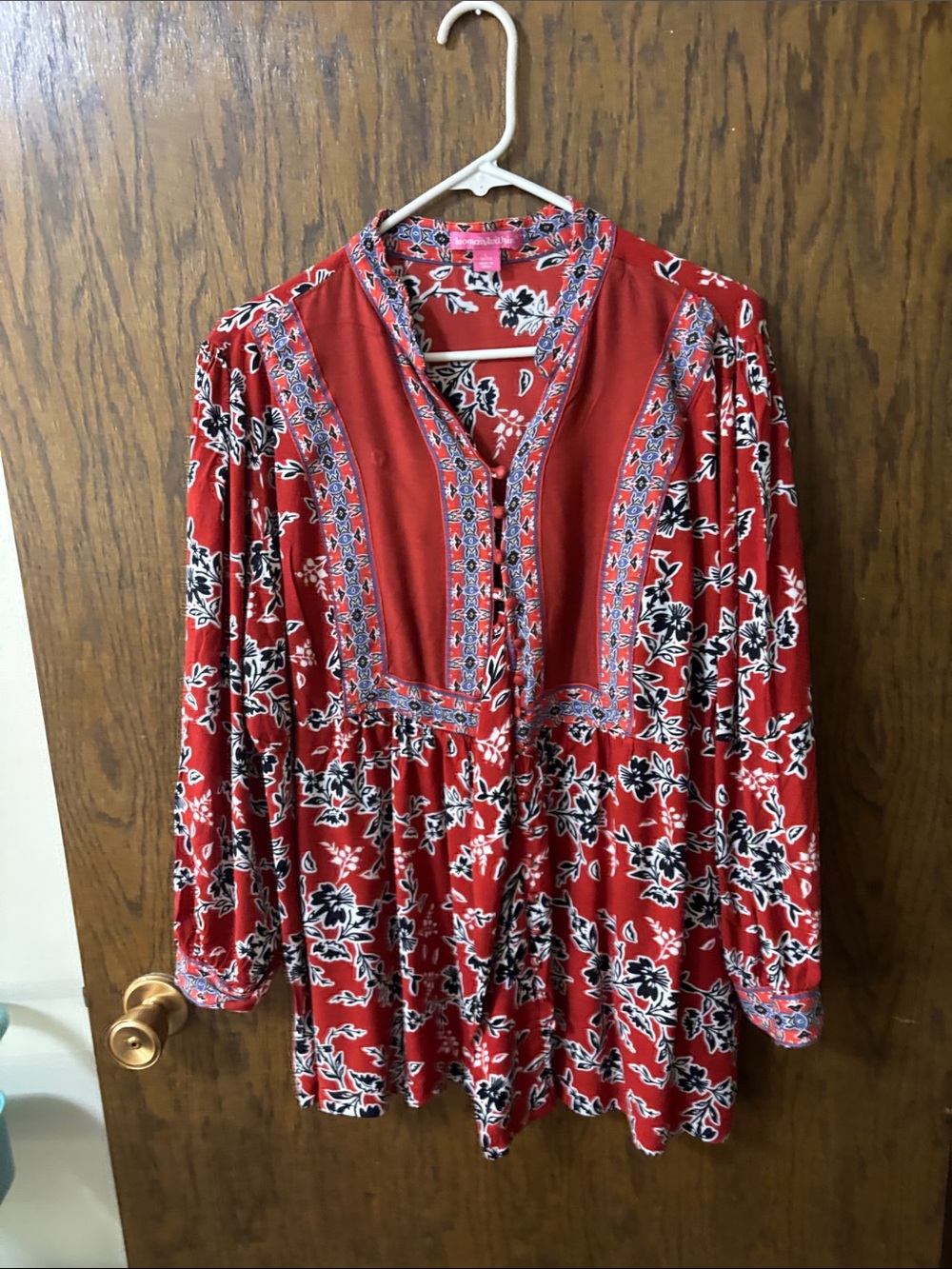 Woman Within Red Floral Tunic with Trimmed V-Neck